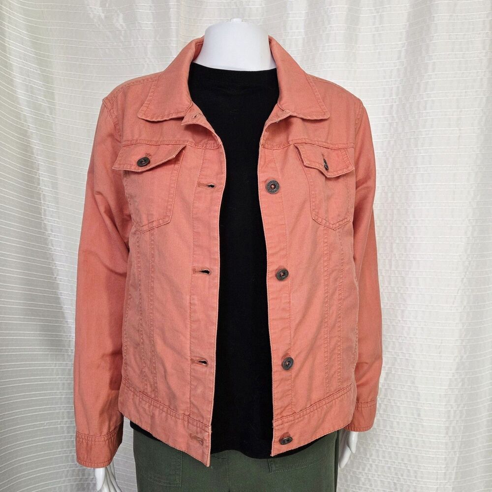 LL BEAN Linen Blend Trucker Jacket Women’s Petite M Beachy Coral Lightweight